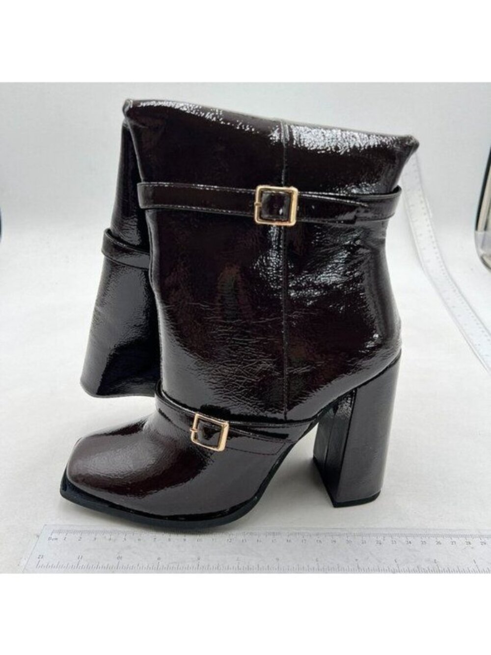 Dark Brown Women's Chunky High Heel Closed Toe Side Zip Strappy Knee High Boots